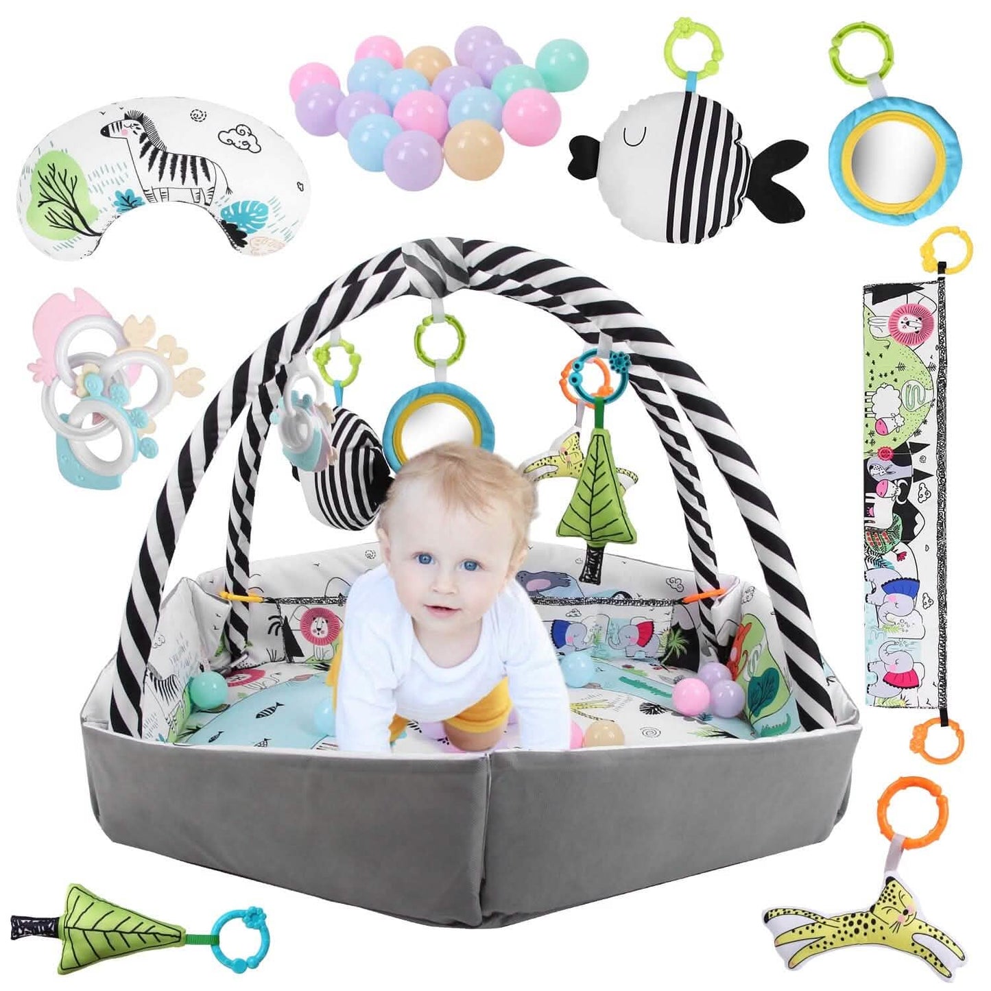 4-in-1 Baby-Spieldecke mit Bällebad und Kissen, 18 Bällen, 9 Spielsachen für 0-3 Jahre