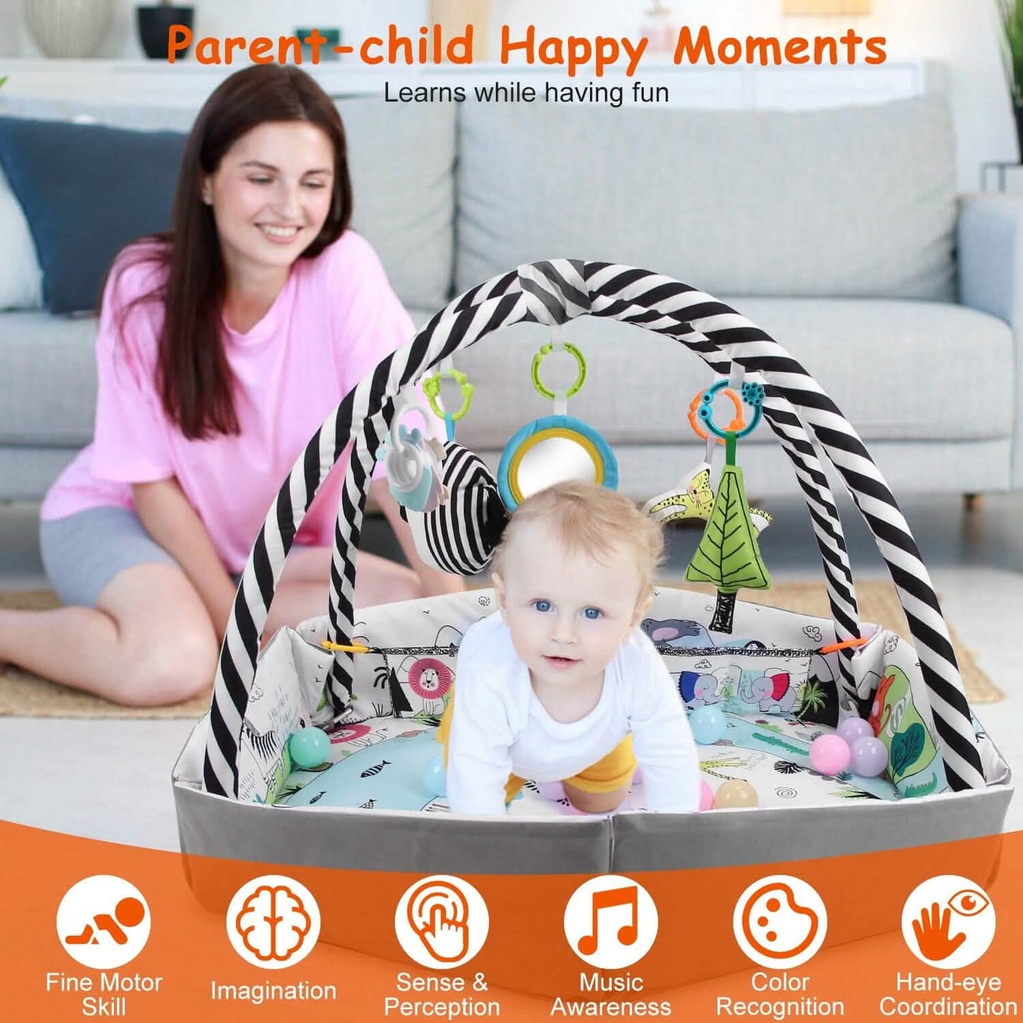 4-in-1 Baby-Spieldecke mit Bällebad und Kissen, 18 Bällen, 9 Spielsachen für 0-3 Jahre
