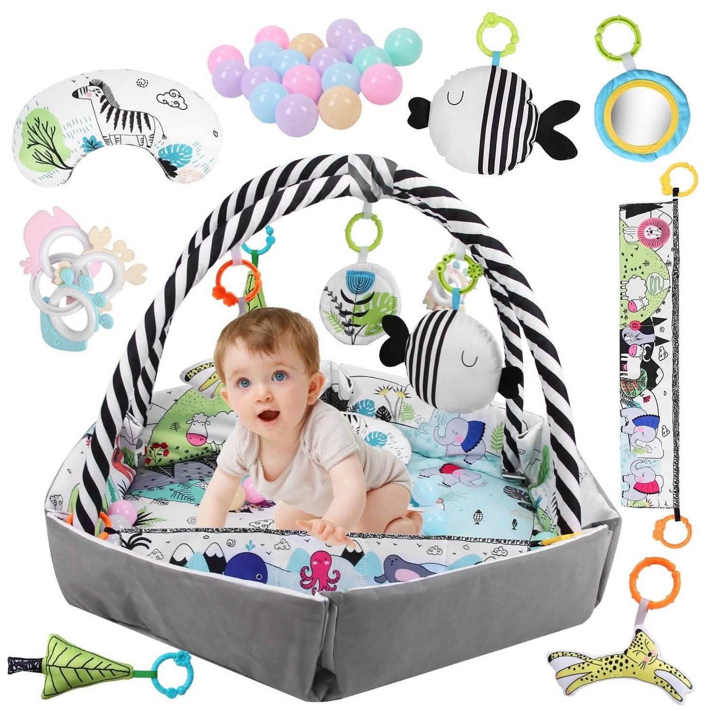 4-in-1 Baby-Spieldecke mit Bällebad und Kissen, 18 Bällen, 9 Spielsachen für 0-3 Jahre