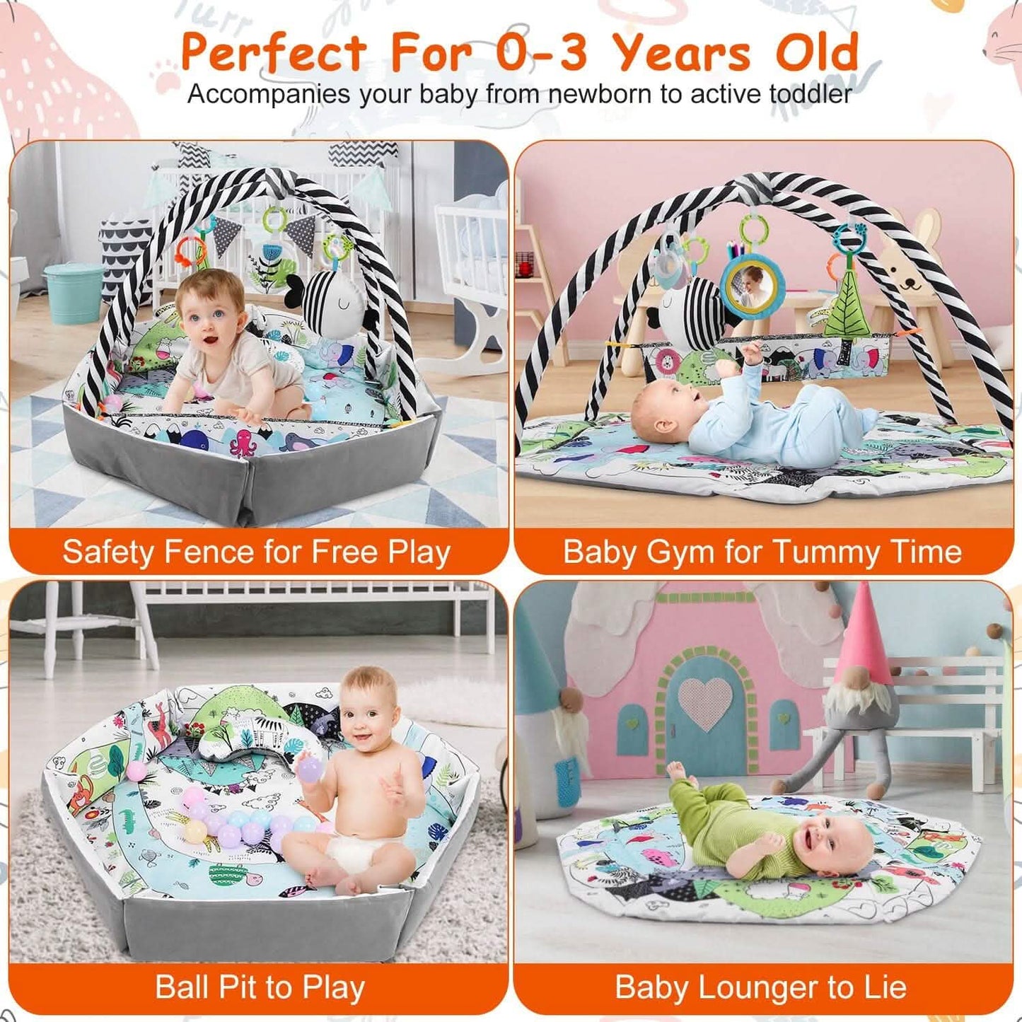 4-in-1 Baby-Spieldecke mit Bällebad und Kissen, 18 Bällen, 9 Spielsachen für 0-3 Jahre