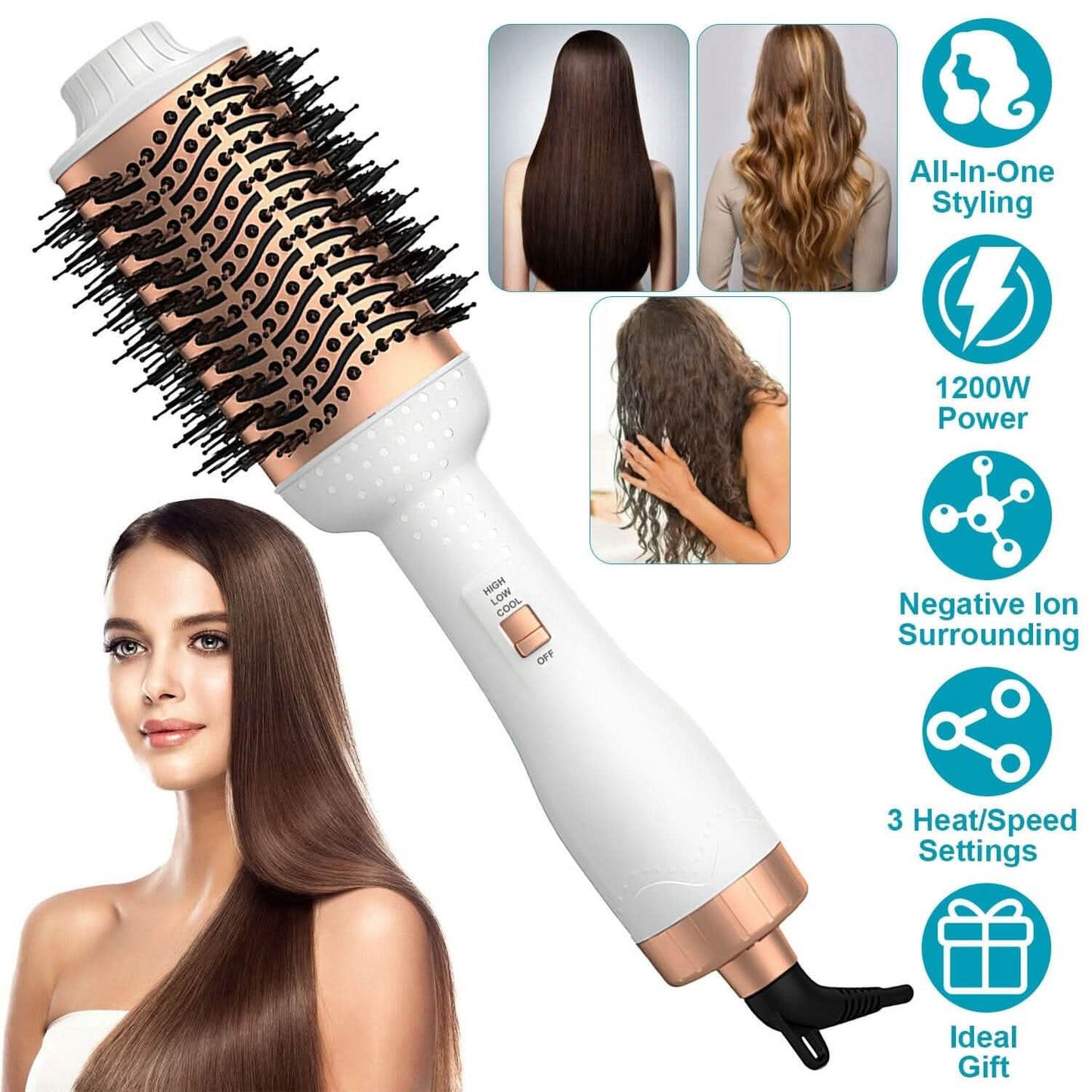 4-in-1 Warmluftbürste Lockenwickler Styler Volumizer Haarglätter Negative Ionen Anti-Frizz