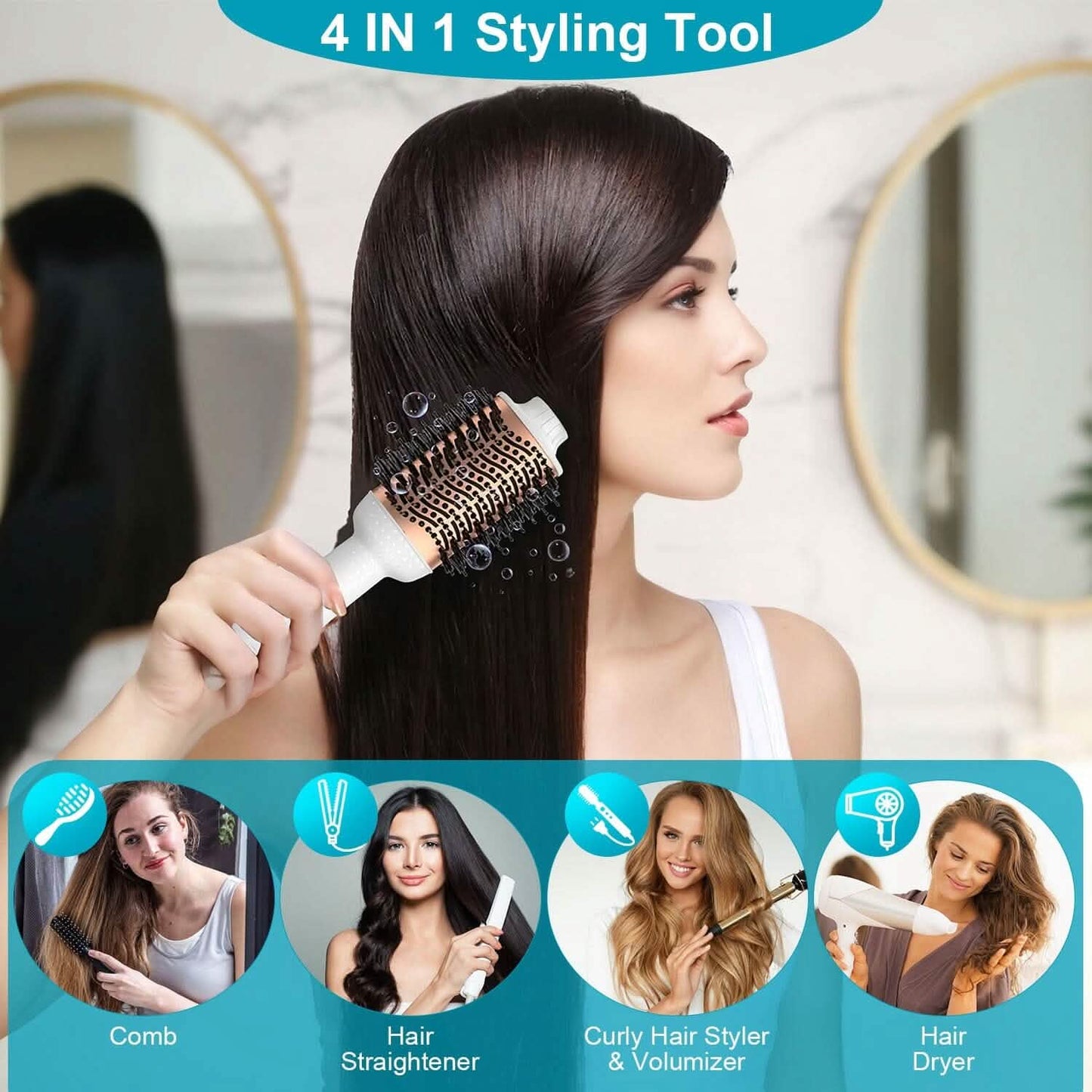 4-in-1 Warmluftbürste Lockenwickler Styler Volumizer Haarglätter Negative Ionen Anti-Frizz