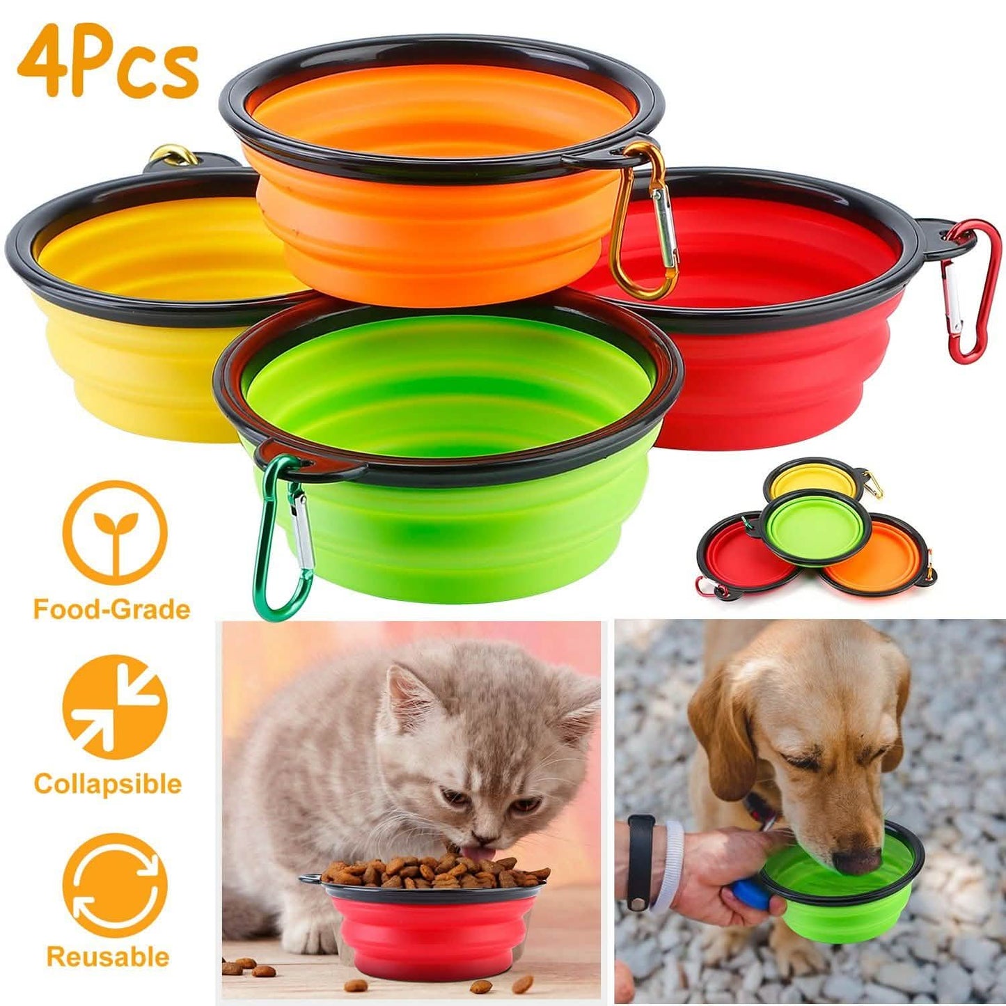 4er-Pack: Zusammenklappbarer Futter-/Wassernapf aus Silikon für Hunde oder Katzen