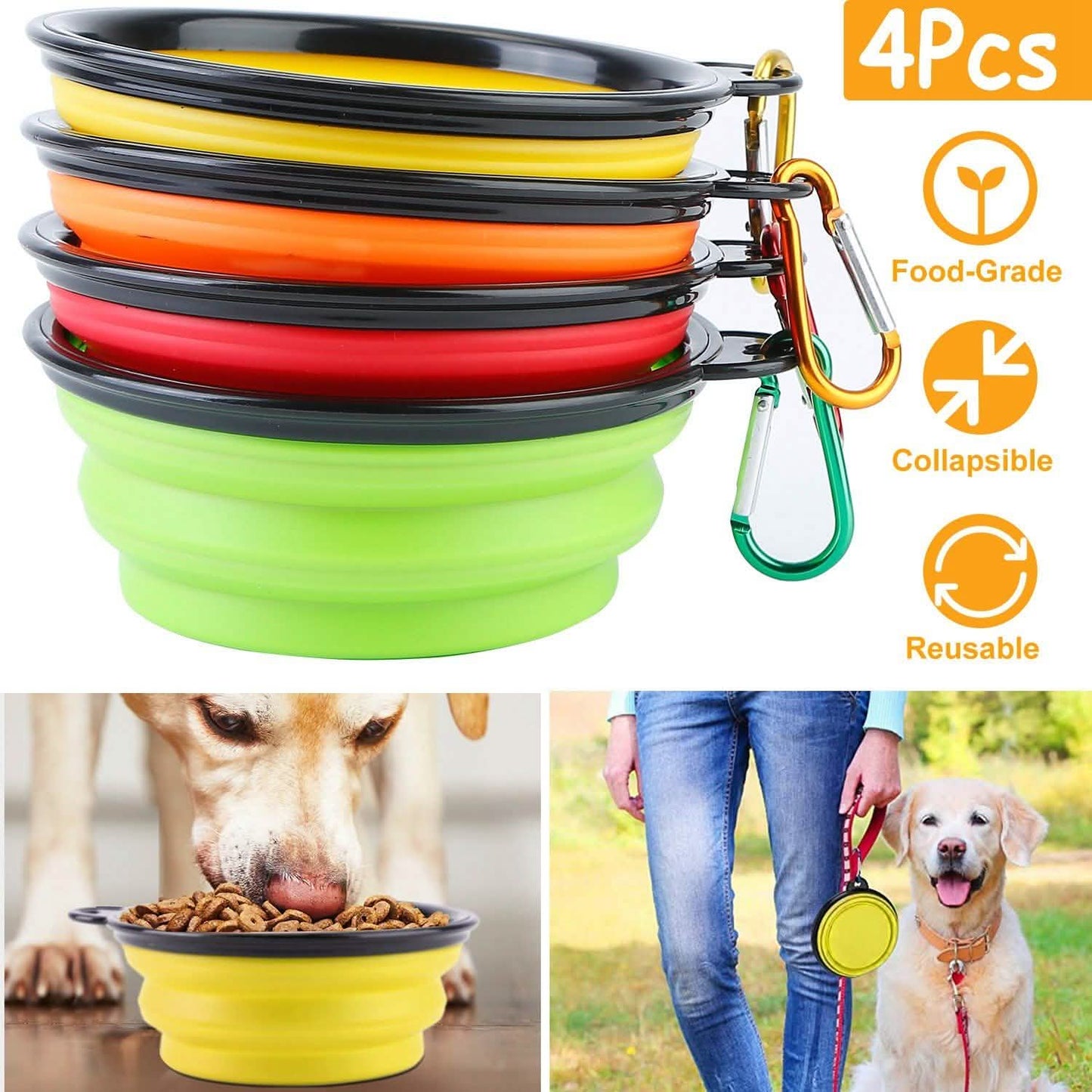 4er-Pack: Zusammenklappbarer Futter-/Wassernapf aus Silikon für Hunde oder Katzen