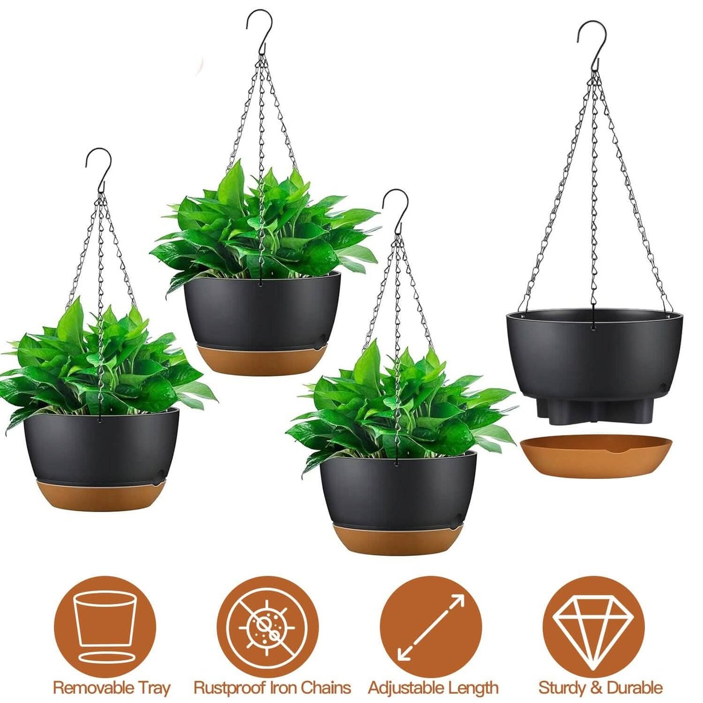 4er-Set: 24,5 cm Hängeblumentopf mit Drainagelöchern