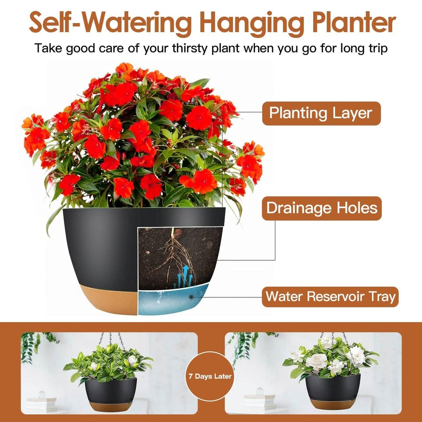 4er-Set: 24,5 cm Hängeblumentopf mit Drainagelöchern
