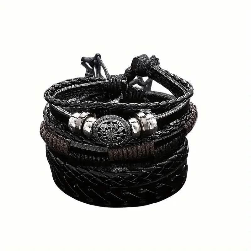 4-teiliges Set: Exquisite handgefertigte Charm-Armbänder aus geflochtenem PU-Leder im Vintage-Stil für Herren