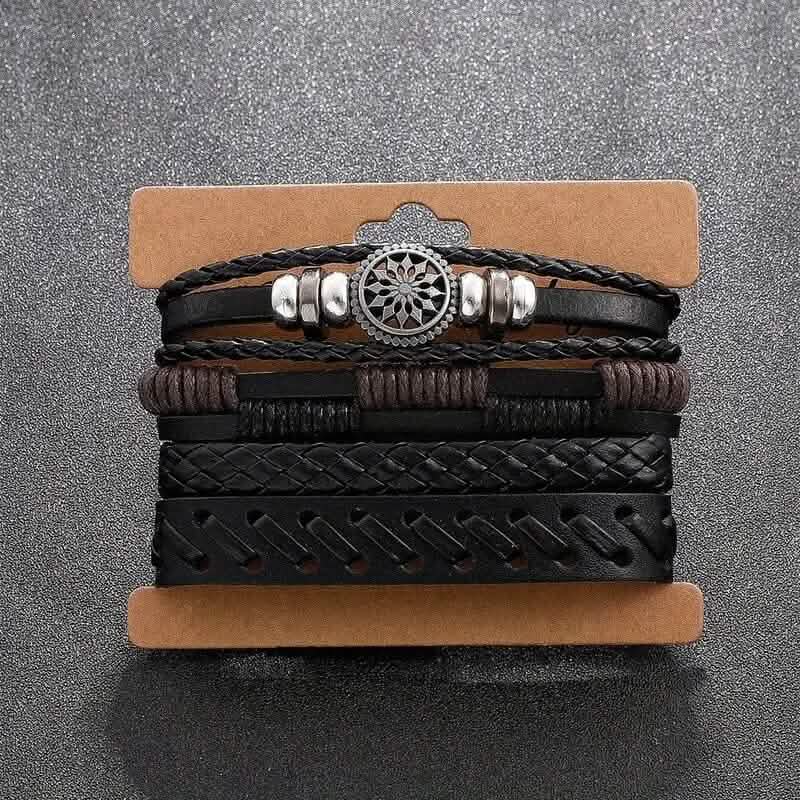 4-teiliges Set: Exquisite handgefertigte Charm-Armbänder aus geflochtenem PU-Leder im Vintage-Stil für Herren
