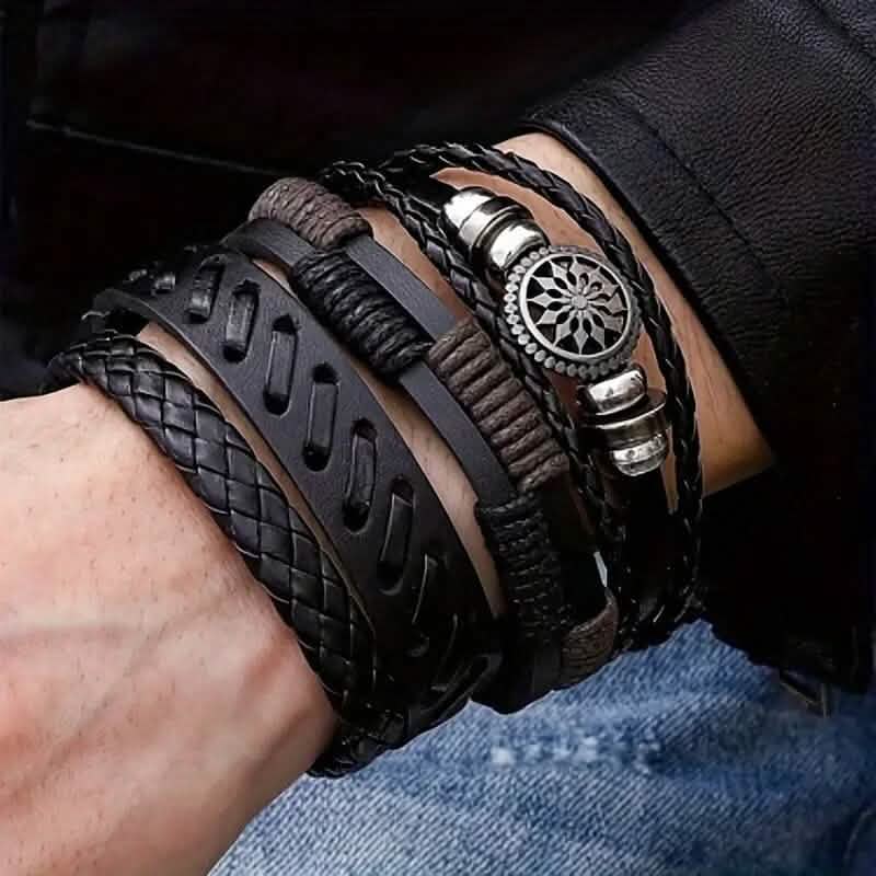 4-teiliges Set: Exquisite handgefertigte Charm-Armbänder aus geflochtenem PU-Leder im Vintage-Stil für Herren