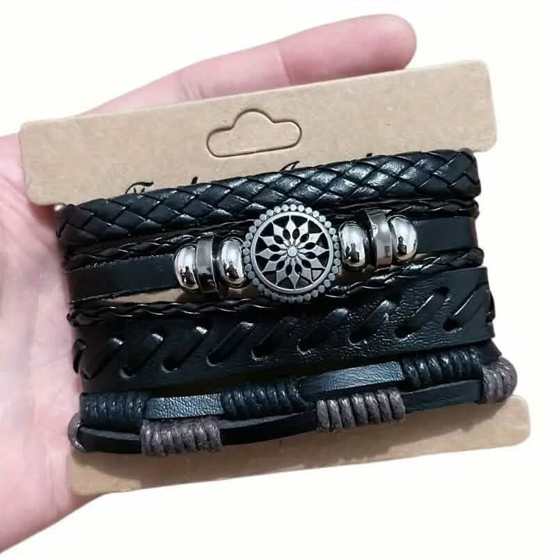 4-teiliges Set: Exquisite handgefertigte Charm-Armbänder aus geflochtenem PU-Leder im Vintage-Stil für Herren
