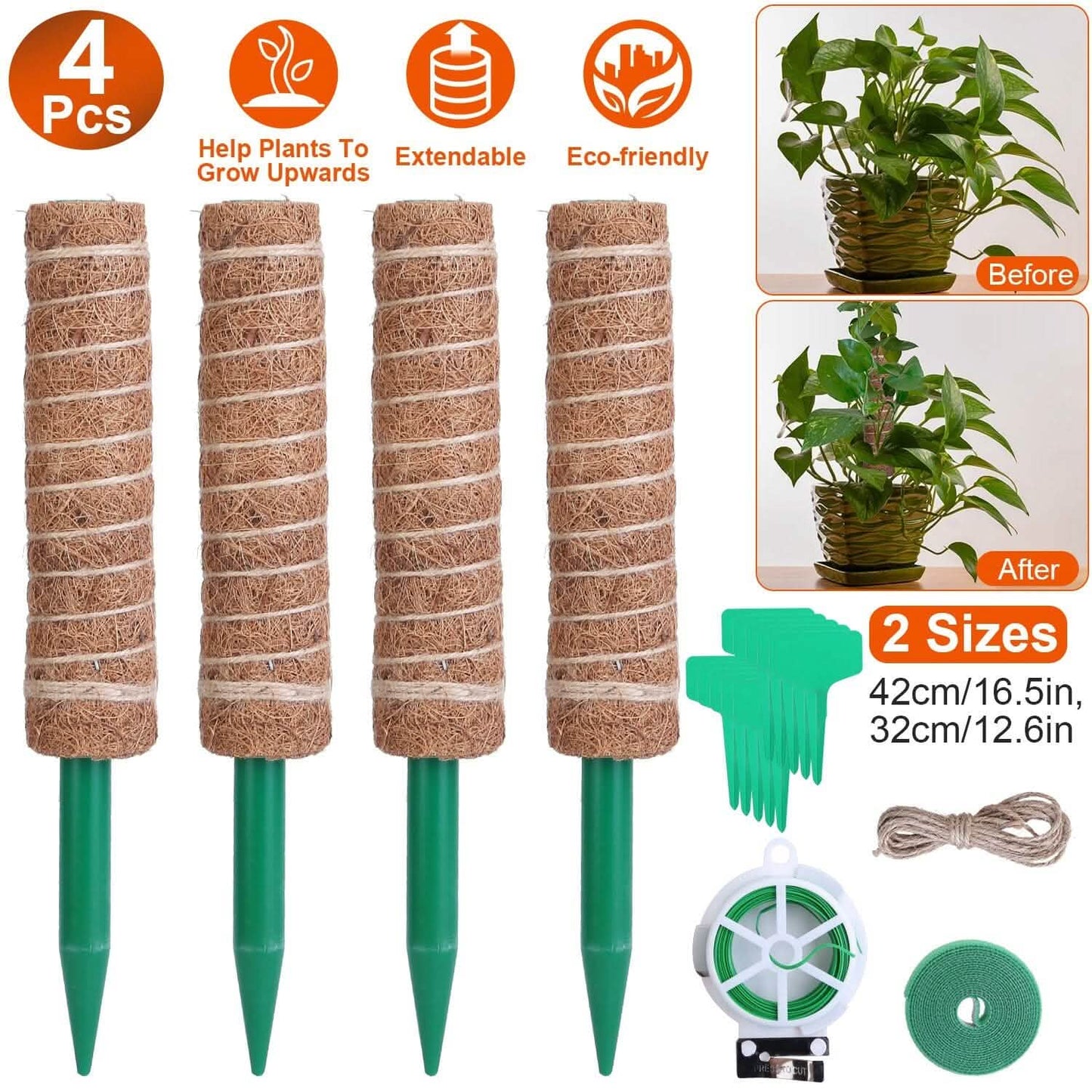 4er-Set: Coco Coir ausziehbarer Moosstab für Kletterpflanzen