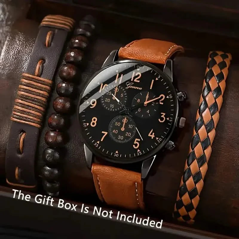 4-teilig: Herrenmode Set aus brauner Kunstleder-Quarzuhr und Armband