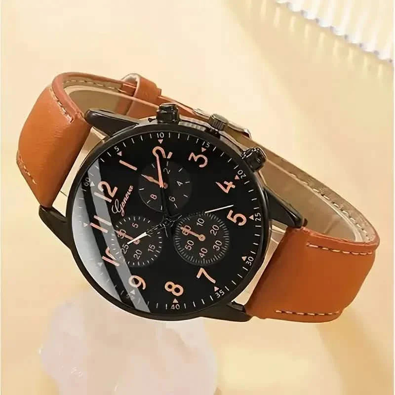 4-teilig: Herrenmode Set aus brauner Kunstleder-Quarzuhr und Armband