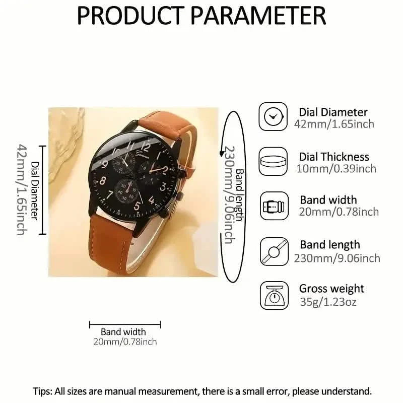 4-teilig: Herrenmode Set aus brauner Kunstleder-Quarzuhr und Armband