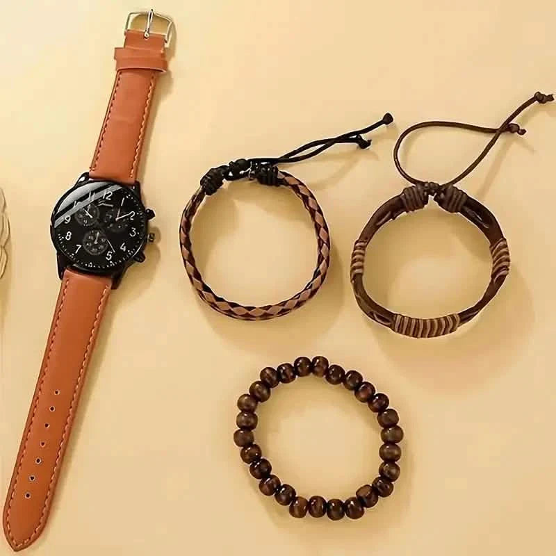 4-teilig: Herrenmode Set aus brauner Kunstleder-Quarzuhr und Armband