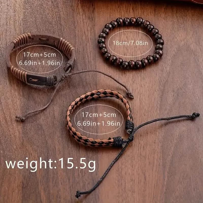 4-teilig: Herrenmode Set aus brauner Kunstleder-Quarzuhr und Armband