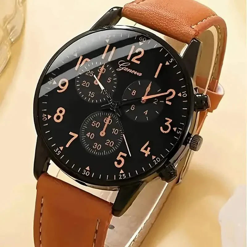 4-teilig: Herrenmode Set aus brauner Kunstleder-Quarzuhr und Armband