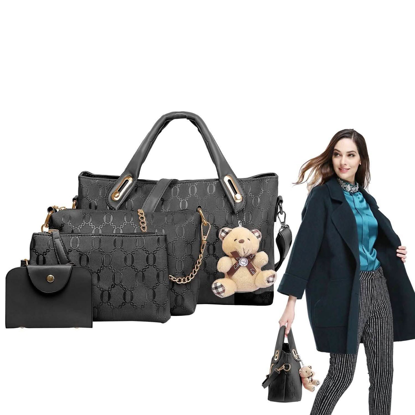 4-teiliges Set: Damen-Lederhandtasche