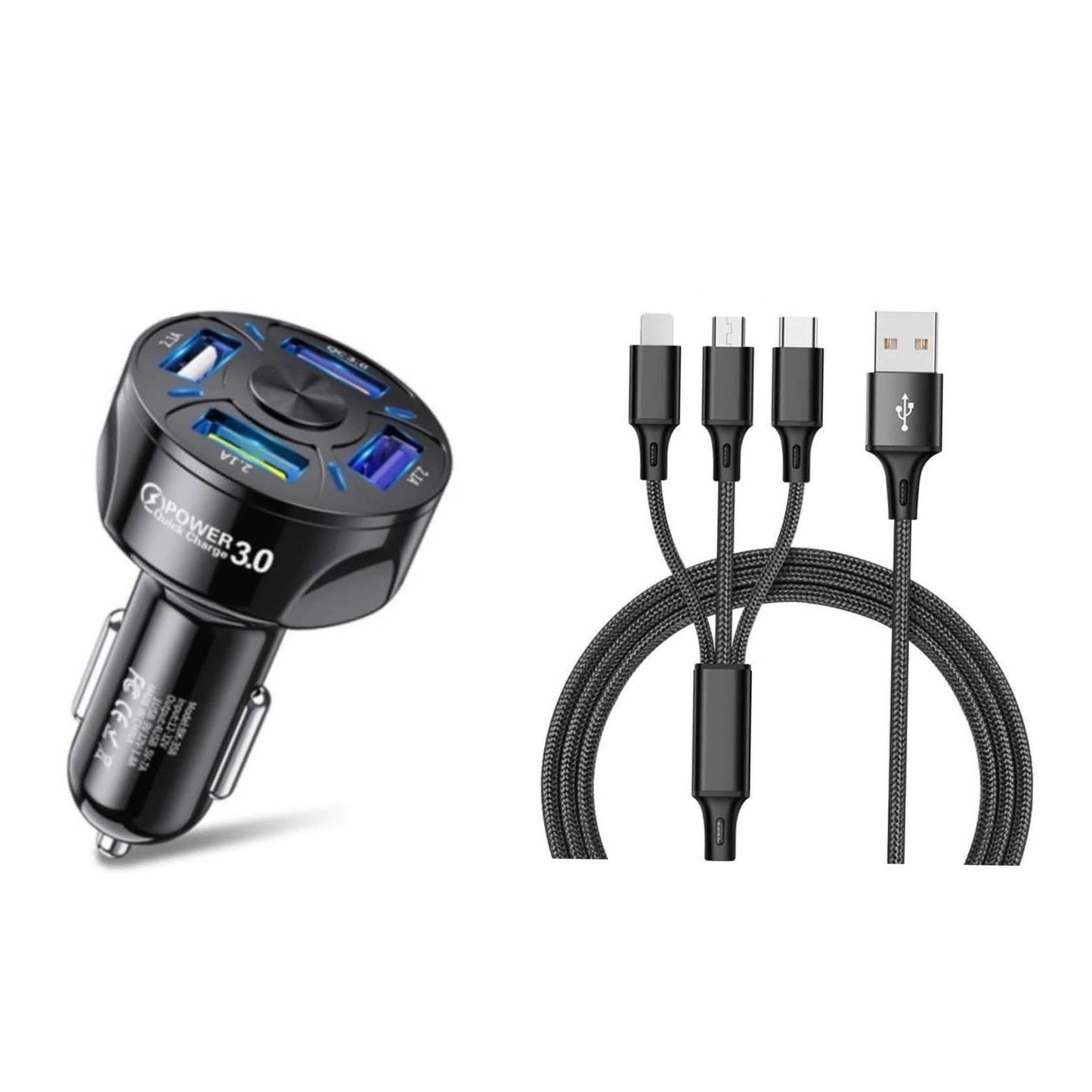 4-Port-LED-Kfz-Ladegerät + 3-in-1-Kabel-Kombi