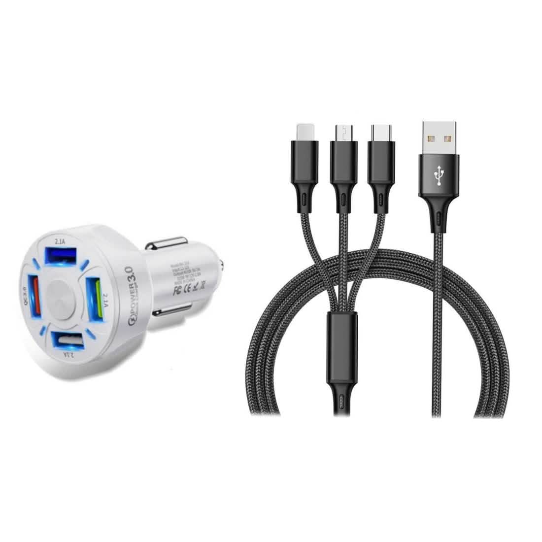 4-Port-LED-Autoladegerät + 3-in-1-Kabel-Kombipack