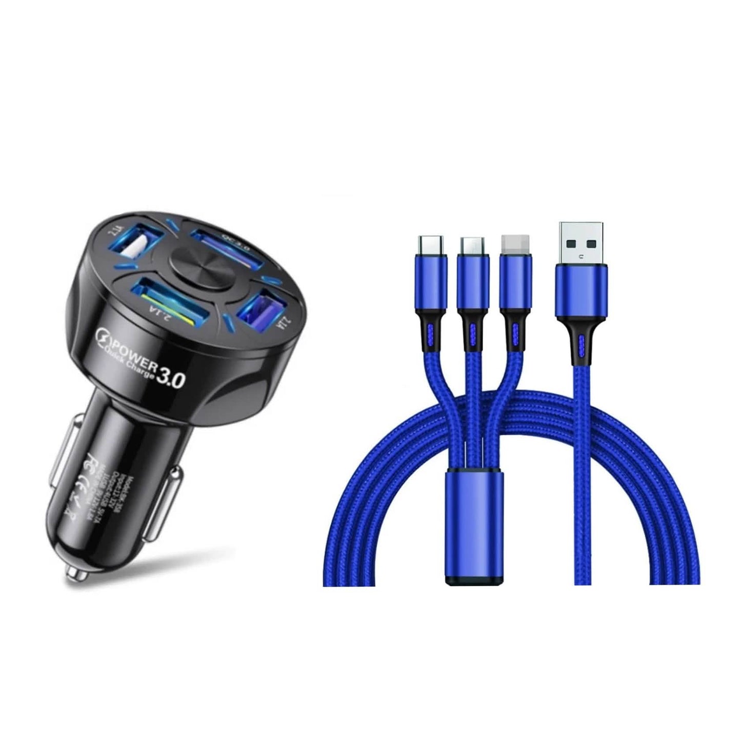4-Port-LED-Kfz-Ladegerät + 3-in-1-Kabel-Kombi