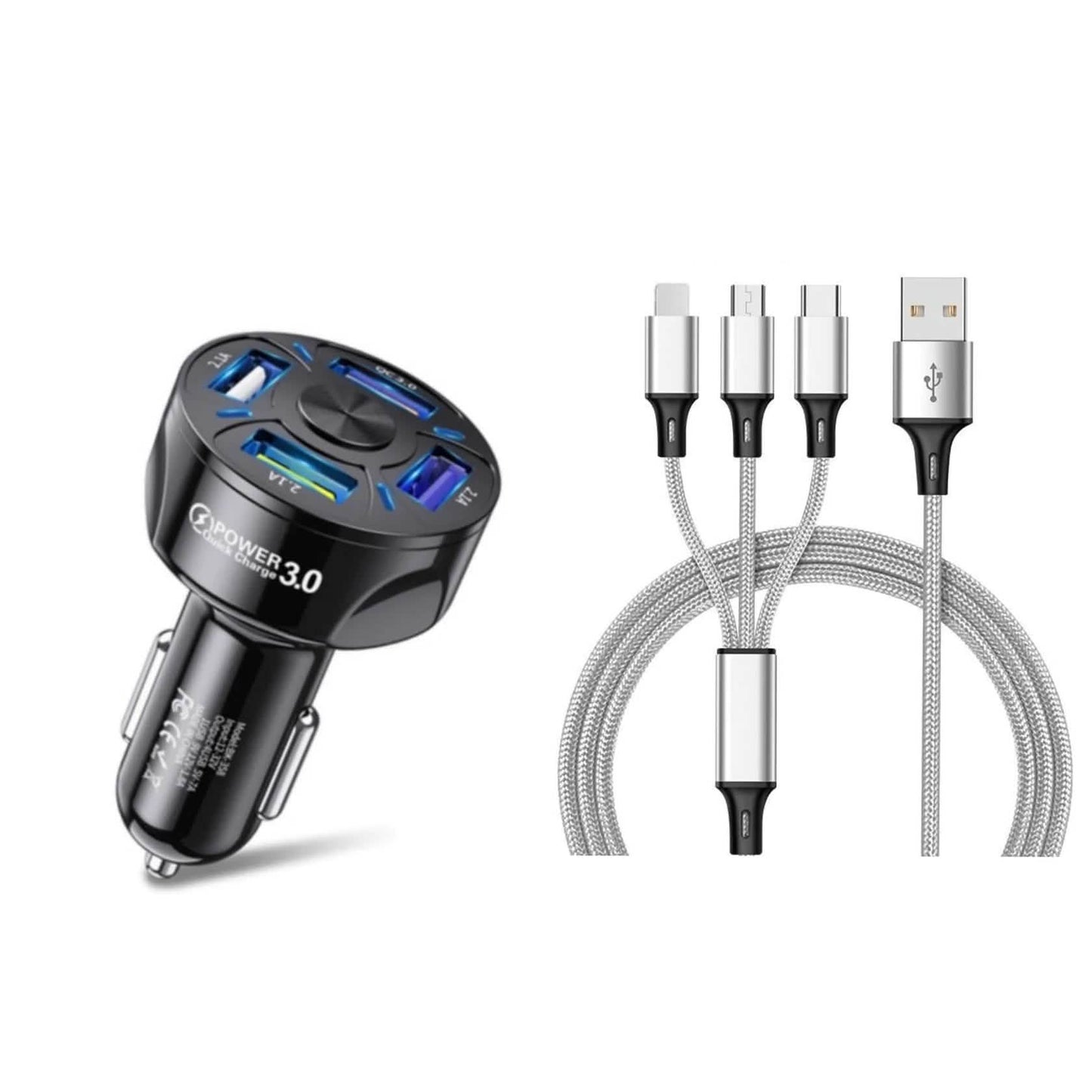 4-Port-LED-Kfz-Ladegerät + 3-in-1-Kabel-Kombi