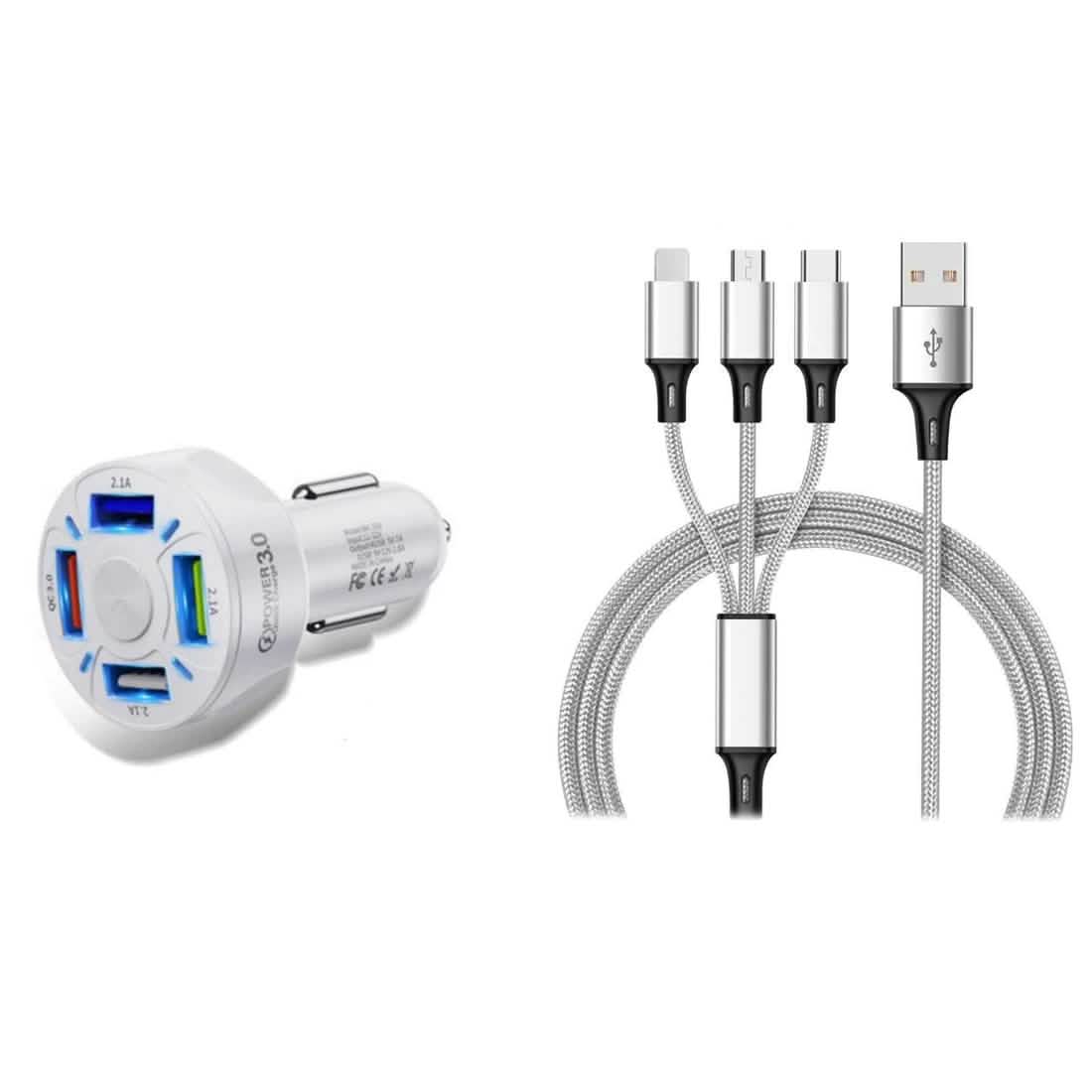 4-Port-LED-Autoladegerät + 3-in-1-Kabel-Kombipack