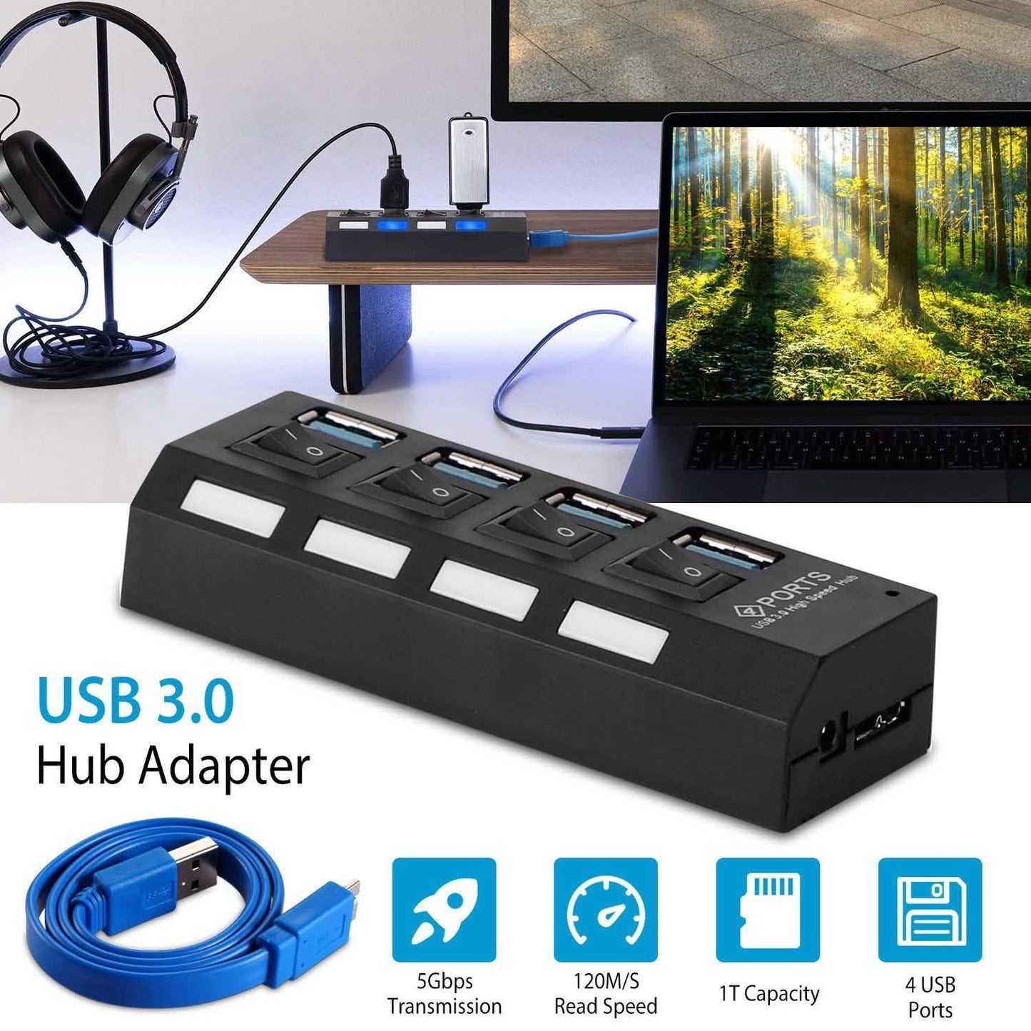 4-Port USB 3.0 Hub High-Speed Adapter