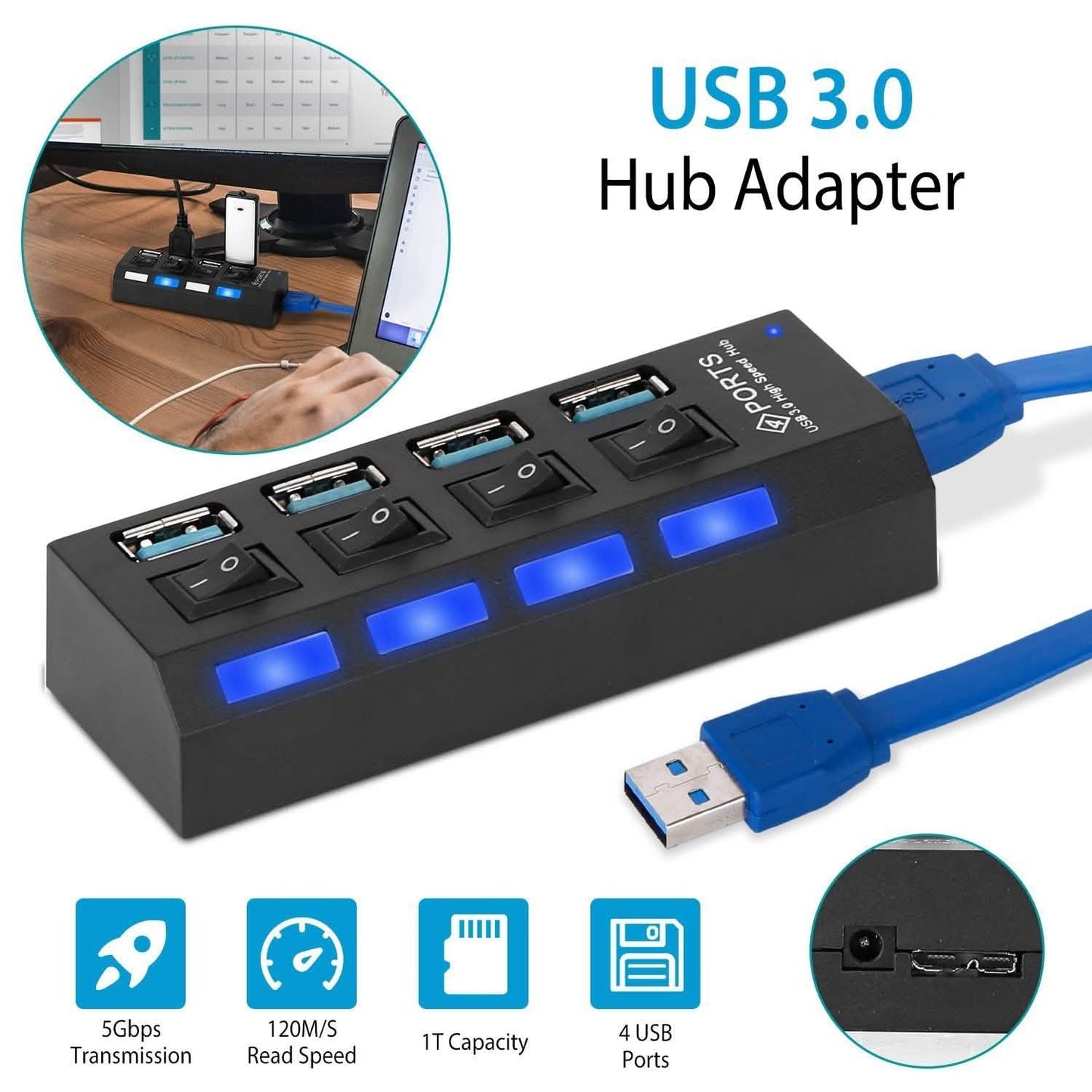 4-Port USB 3.0 Hub High-Speed Adapter