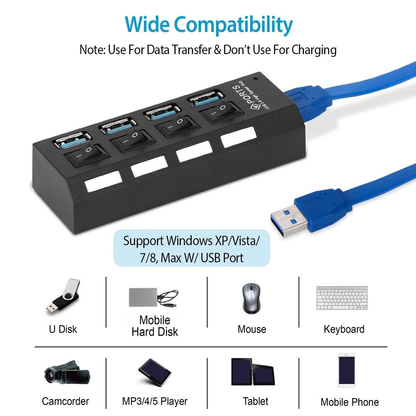 4-Port USB 3.0 Hub High-Speed Adapter