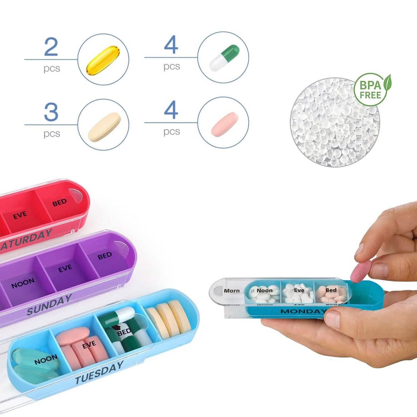 4 Mal Täglich, Weiß 7 Tage Stapelbar Täglicher Pillen- und Medizin-Organizer Weiß