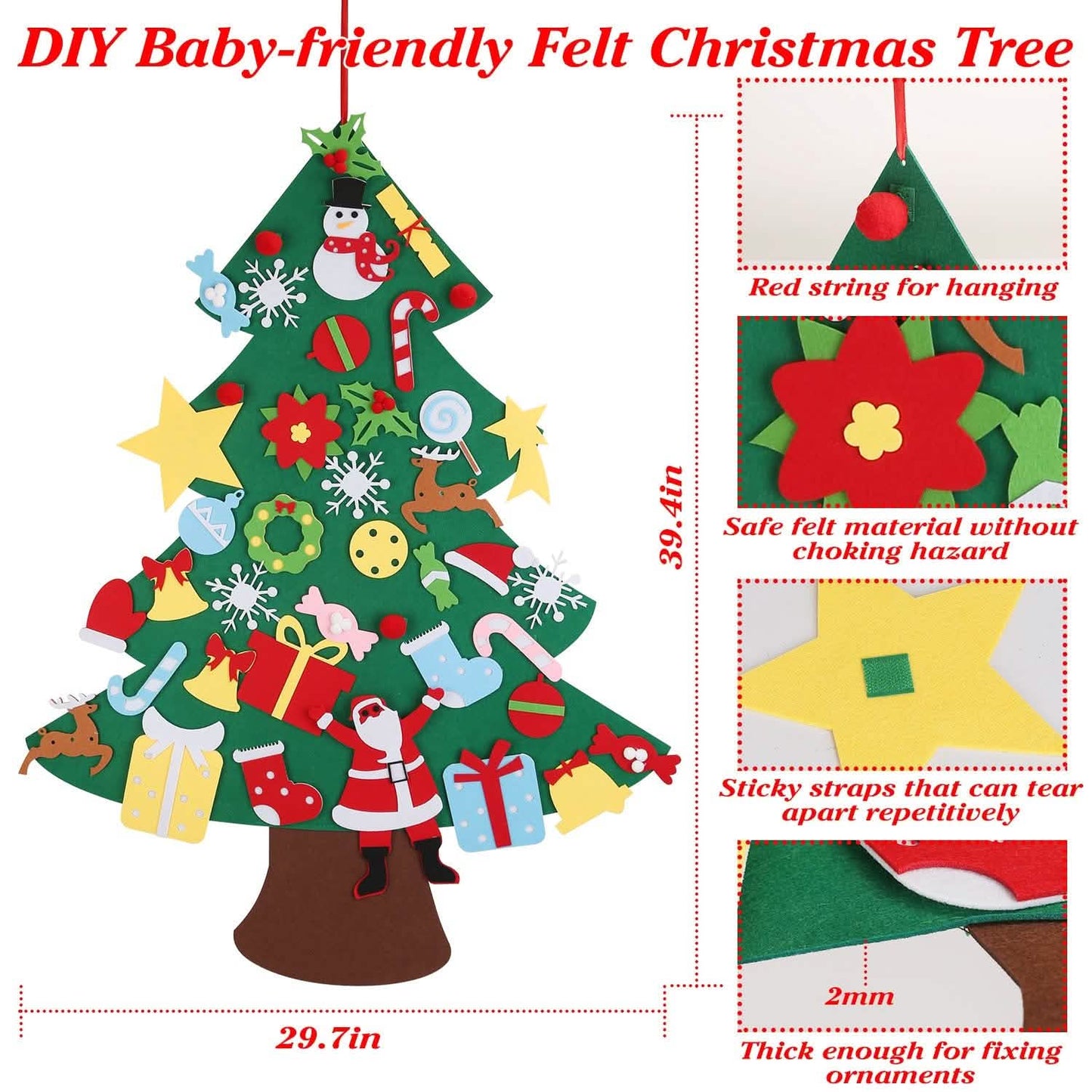 41-teilig: DIY Filz-Weihnachtsbaum mit abnehmbaren Ornamenten für Kinder