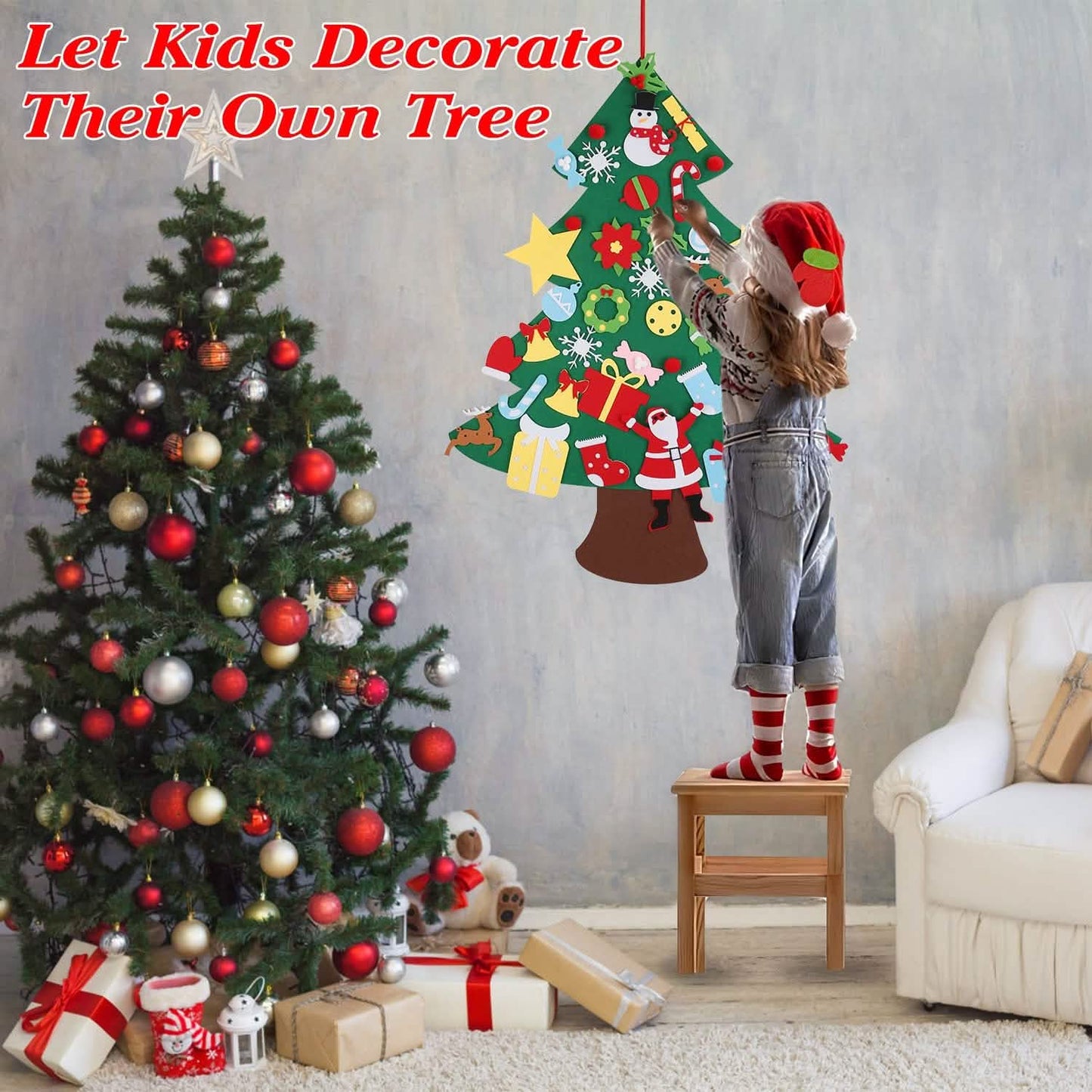 41-teilig: DIY Filz-Weihnachtsbaum mit abnehmbaren Ornamenten für Kinder