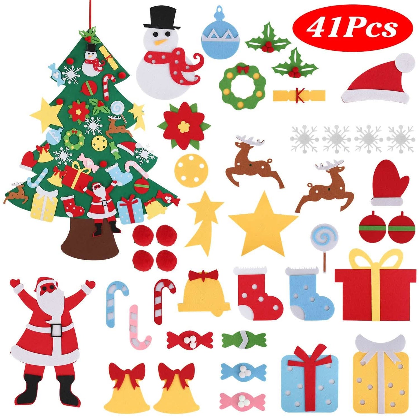 41-teilig: DIY Filz-Weihnachtsbaum mit abnehmbaren Ornamenten für Kinder