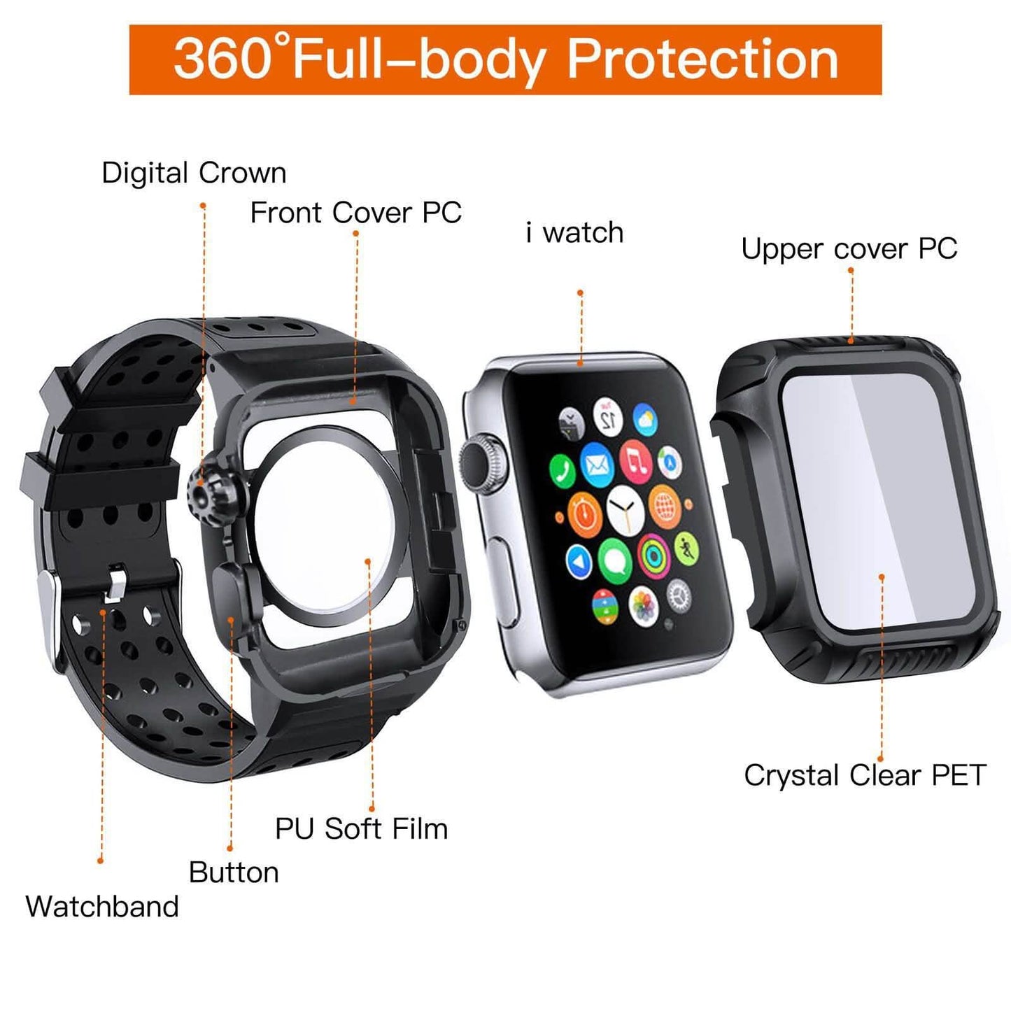 44MM Vollständige Abdeckung Durchsichtige Gehäuseschutzfolie mit Armbändern für Apple iWatch 4 und 5