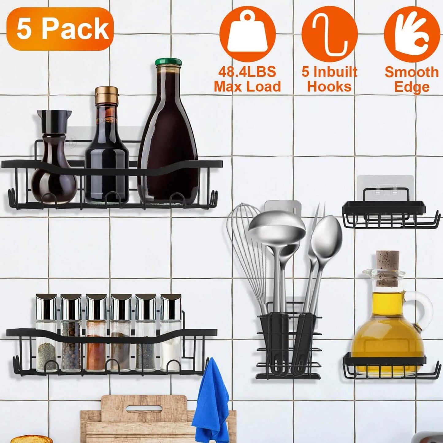 5er-Pack: Duschablagen mit 18 integrierten Haken