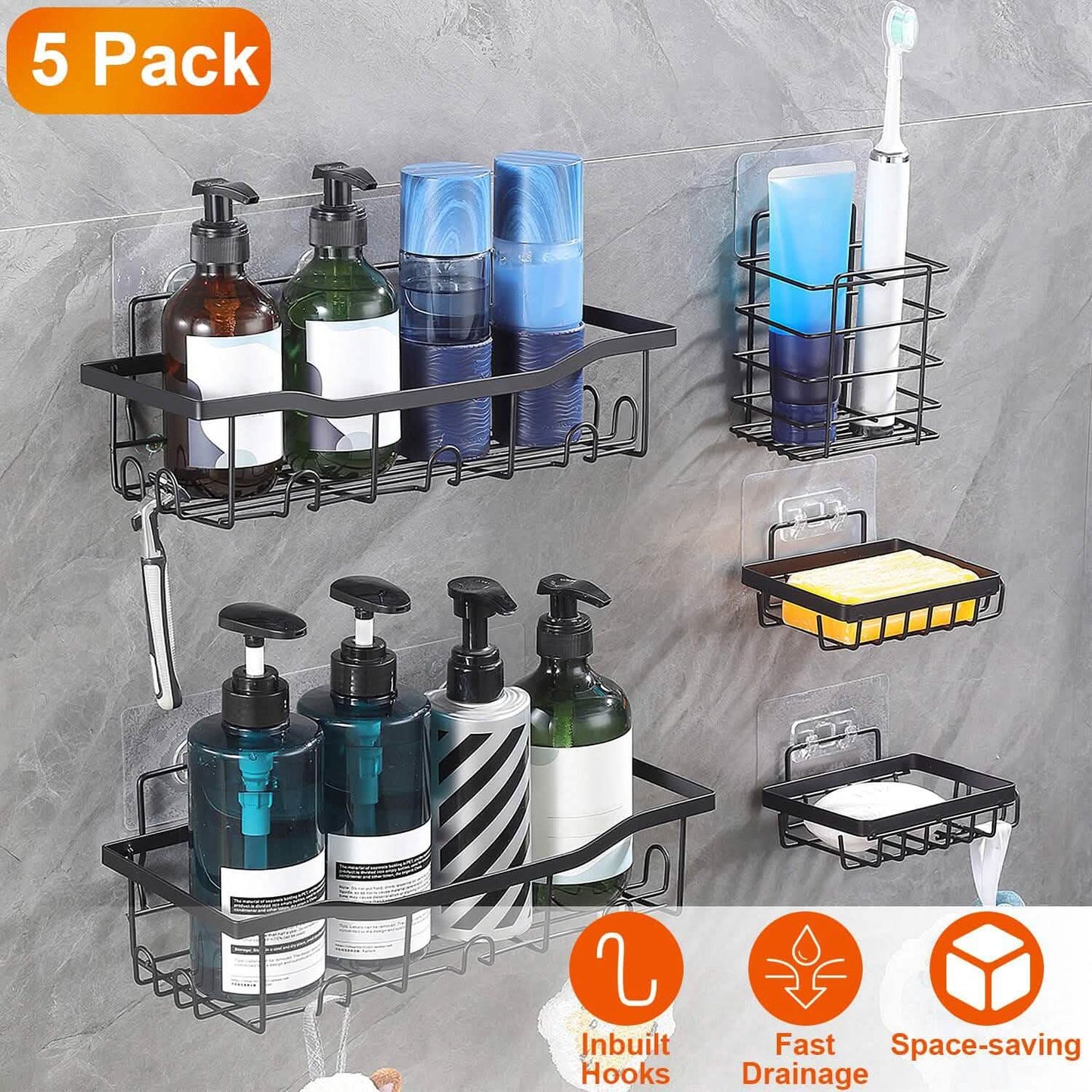 5er-Pack: Duschablagen mit 18 integrierten Haken