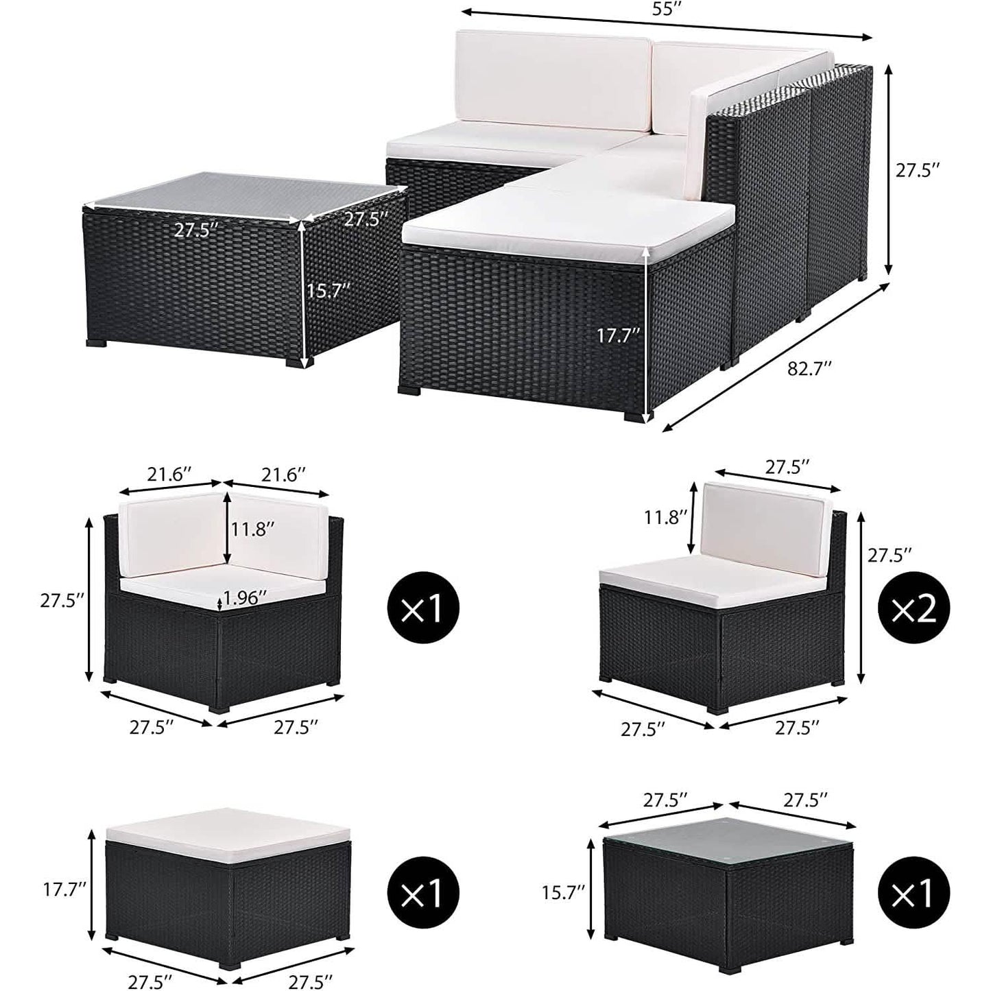 5-teilig: Terrassen-Rattan-PE-Polyrattan-Ecksofa-Garnitur
