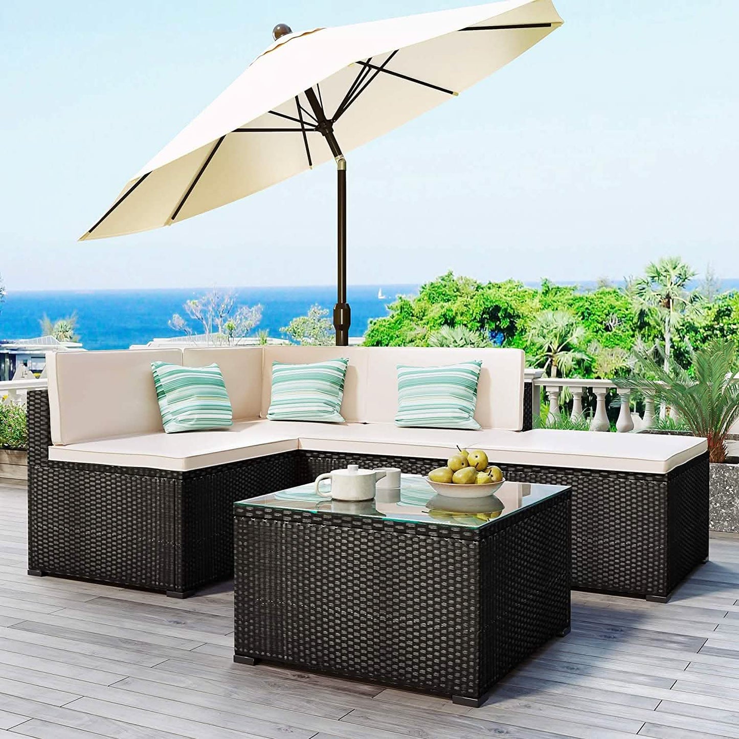 5-teilig: Terrassen-Rattan-PE-Polyrattan-Ecksofa-Garnitur