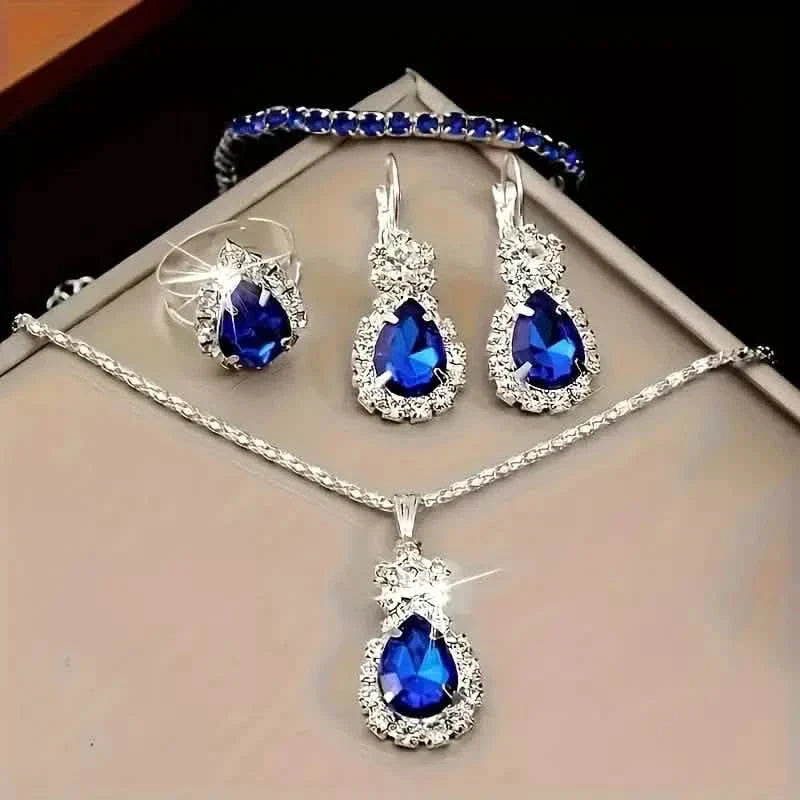 5-teiliges Set: Stilvolles Schmuckset für Damen, bestehend aus einem Paar Ohrringe, einer Halskette, einem Ring und einem Armband, verziert mit Glasakzenten