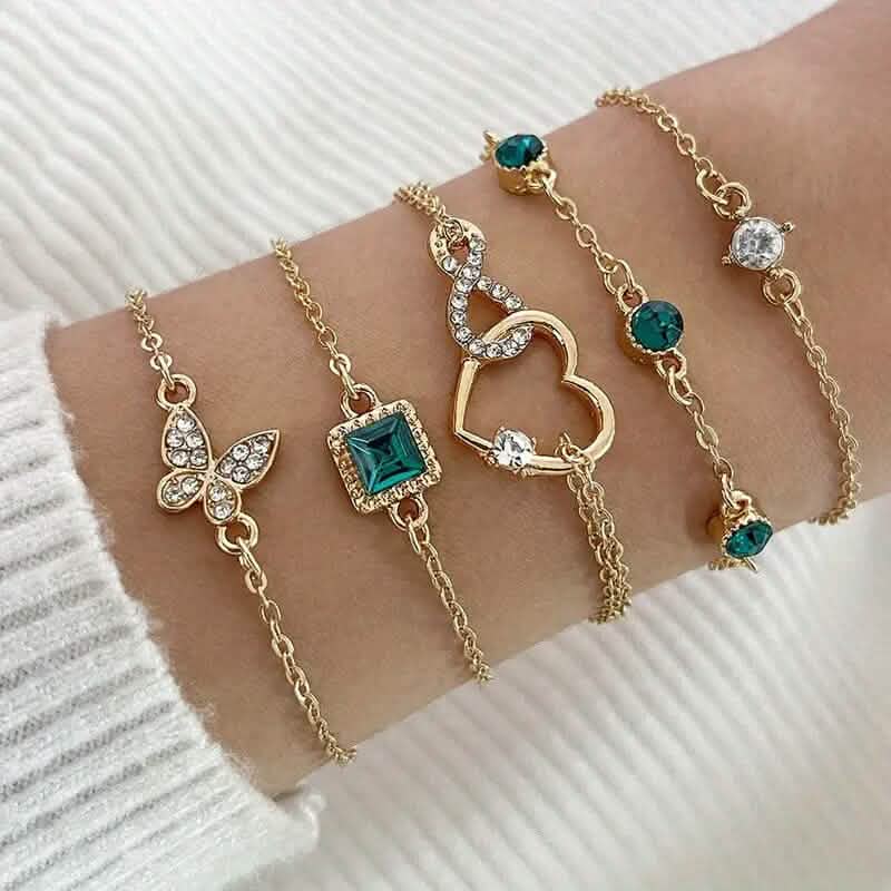 5-teilig: Liebe Vollwurf Diamant Glänzend Unendlich Symbol Geometrie Grüne Strass Armband-Set