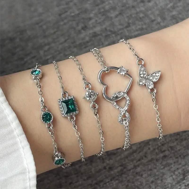 5-teilig: Liebe Vollwurf Diamant Glänzend Unendlich Symbol Geometrie Grüne Strass Armband-Set