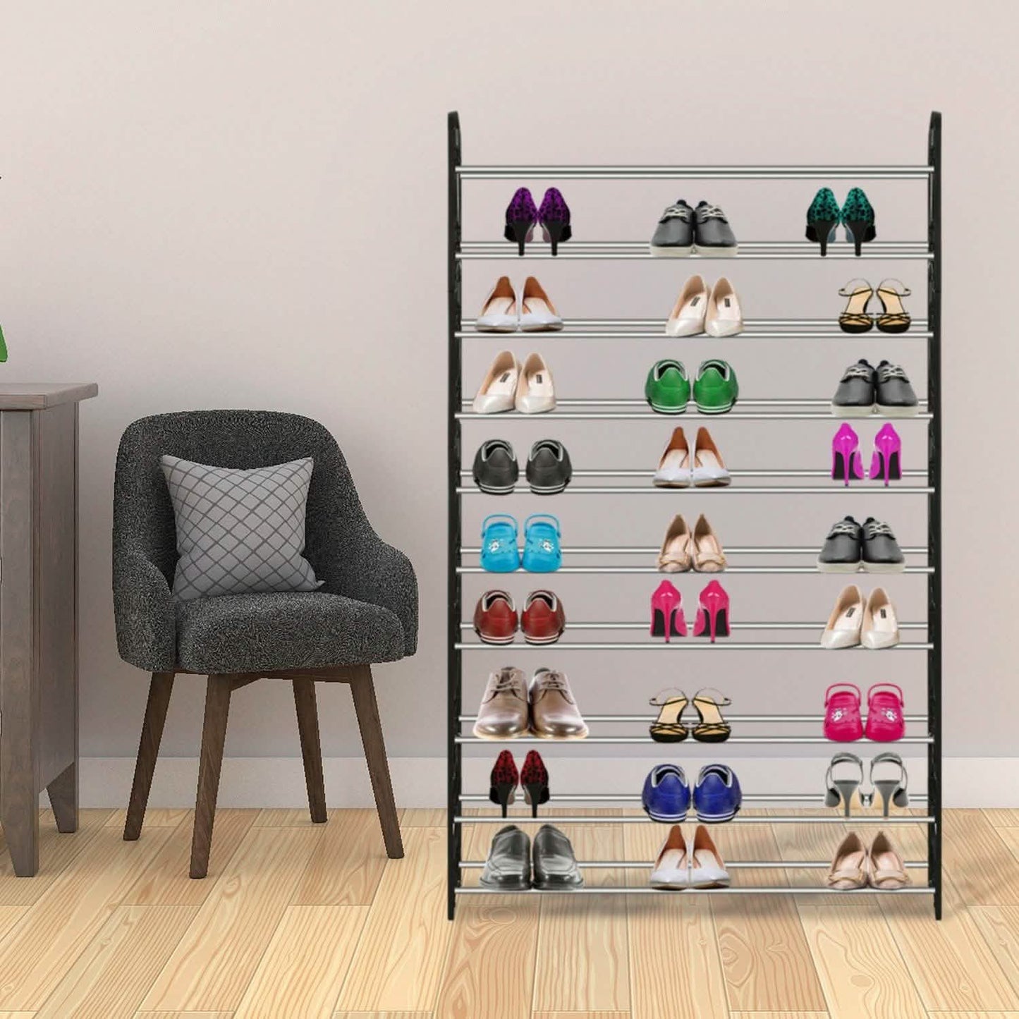 Schuhregal für 50 Paar Schuhe, 10-stöckiger, tragbarer Schrankturm