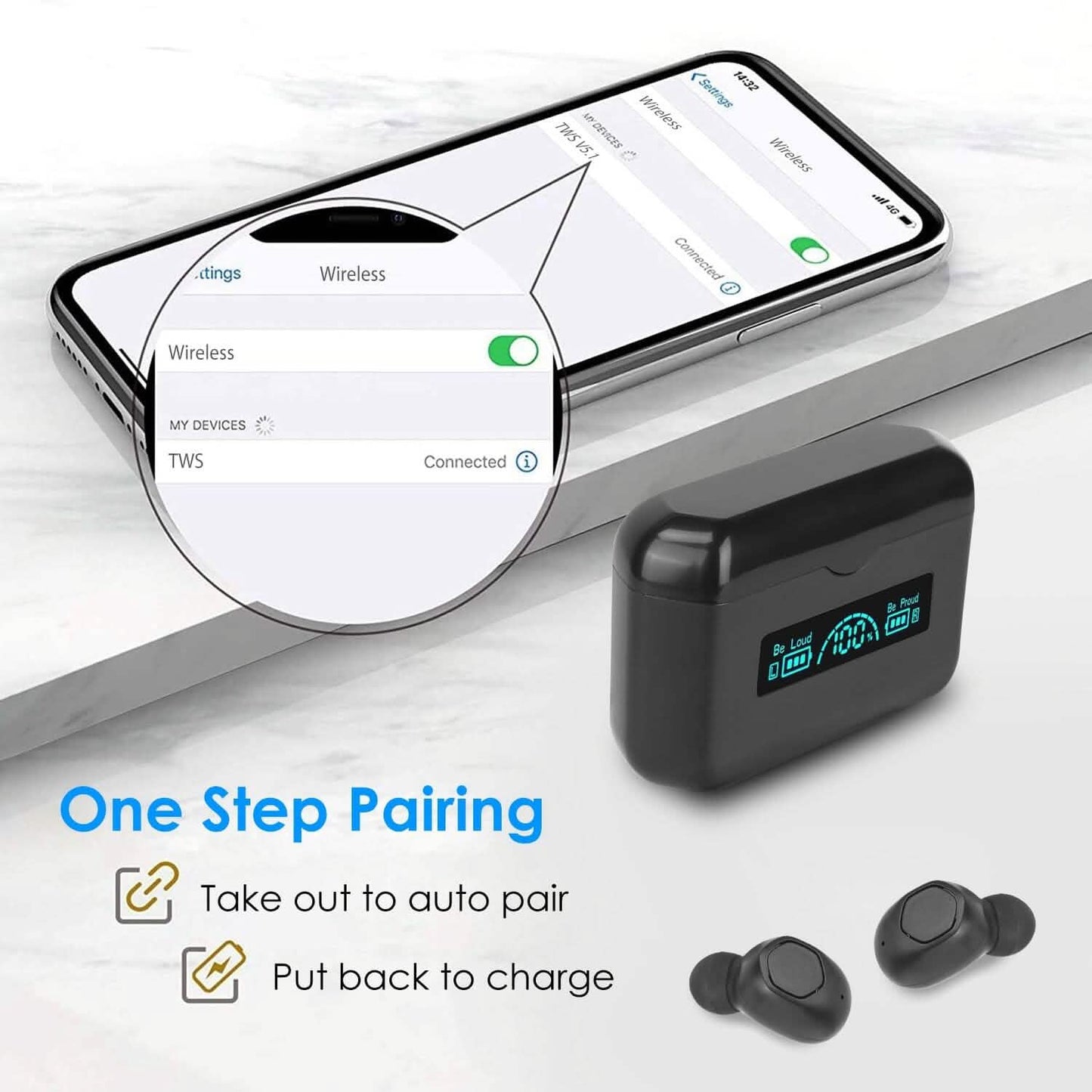 5.1 TWS Kabelloser Ohrhörer mit Ladecase, IPX4 wasserdicht, Powerbank