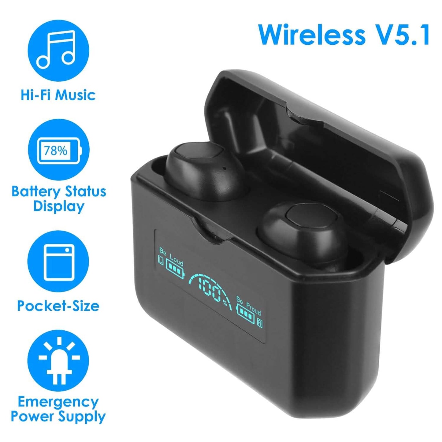 5.1 TWS Kabelloser Ohrhörer mit Ladecase, IPX4 wasserdicht, Powerbank