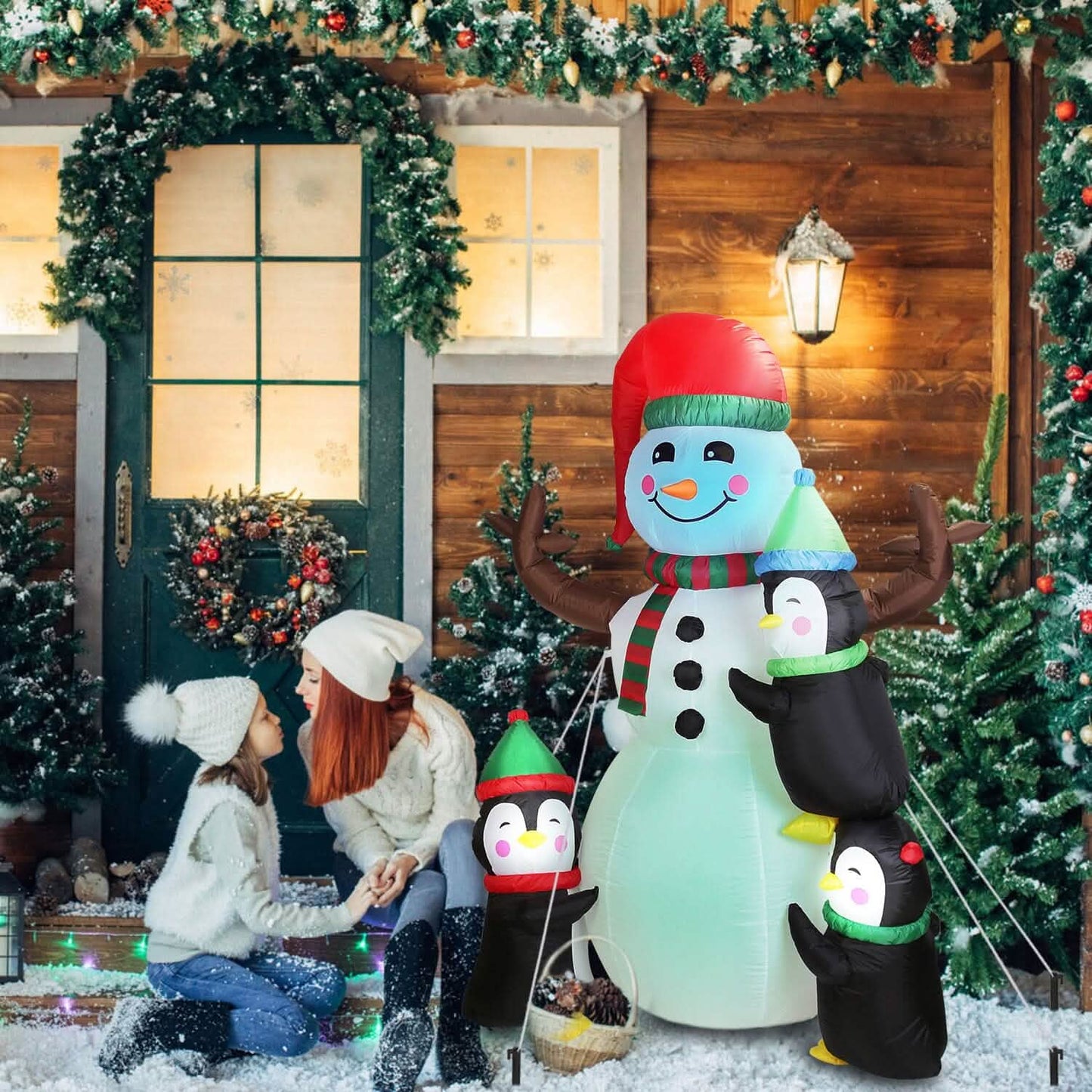 1,8 m großer aufblasbarer Schneemann und Pinguin mit LED-Beleuchtung und integriertem Luftgebläse