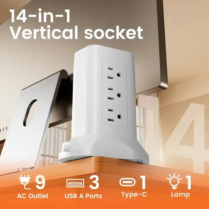 14-in-1 Steckdosenleisten-Turm mit 4 USB-Anschlüssen & 9 AC-Steckdosen, 3m Verlängerungskabel, Einstellbares 3-Farben-Nachtlicht