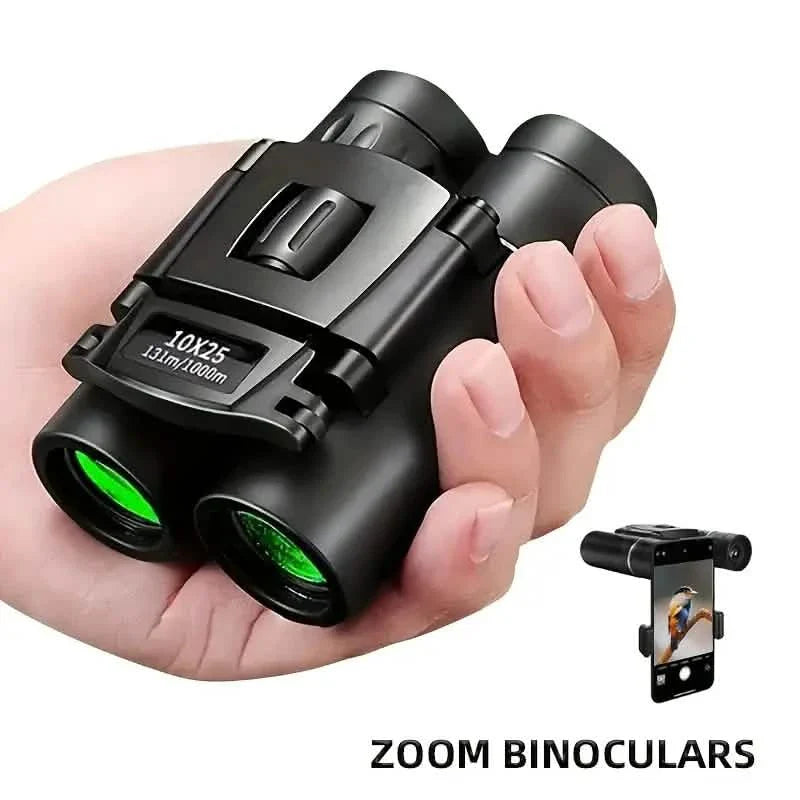 Hochleistungs-Mini-Taschenfernglas 10x25 mit Telefonadapter – Kompakt, leicht, tragbar – Schwarz