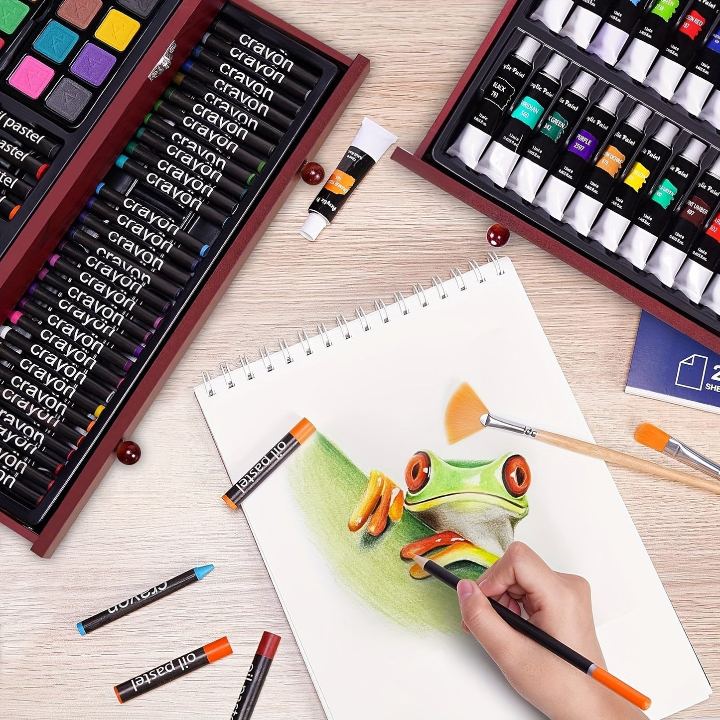175-teiliges Deluxe-Kunstset – Buntstifte, Farbstifte und Acrylfarben im Holzkoffer