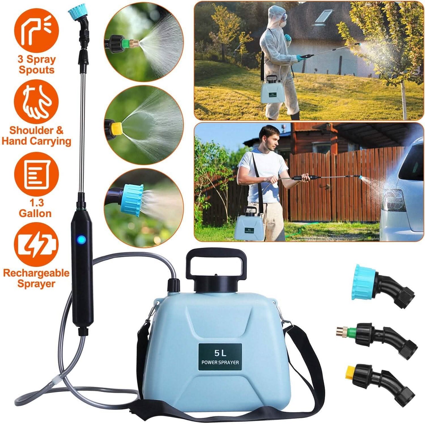 5L/1/3 Gallon Elektrische Pflanzensprühflasche Teleskopisch Wiederaufladbar mit 3 Sprühköpfen